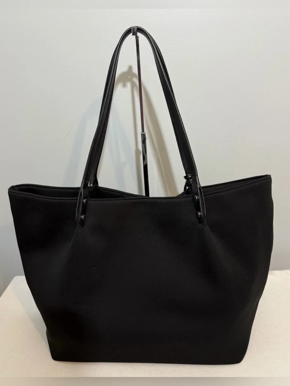 Marla Wynne Tote Bag Black Neoprene with Leather Trim Adjustable Sides & Tassel